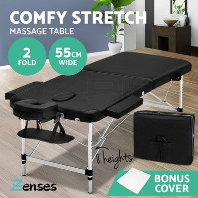 Zenses Massage Table 55cm Portable 2 Fold Aluminium Beauty Therapy Bed Black