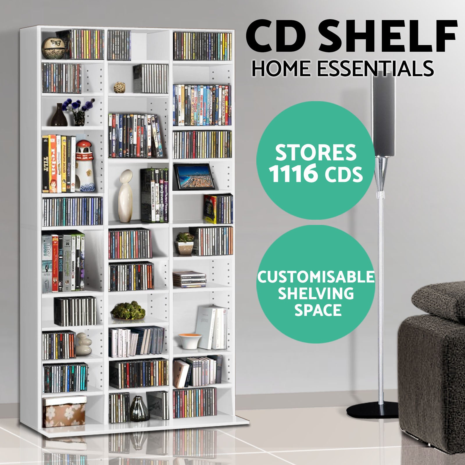 Artiss Bookshelf Display Shelf CD DVD Storage Media Rack Cupboard Black White