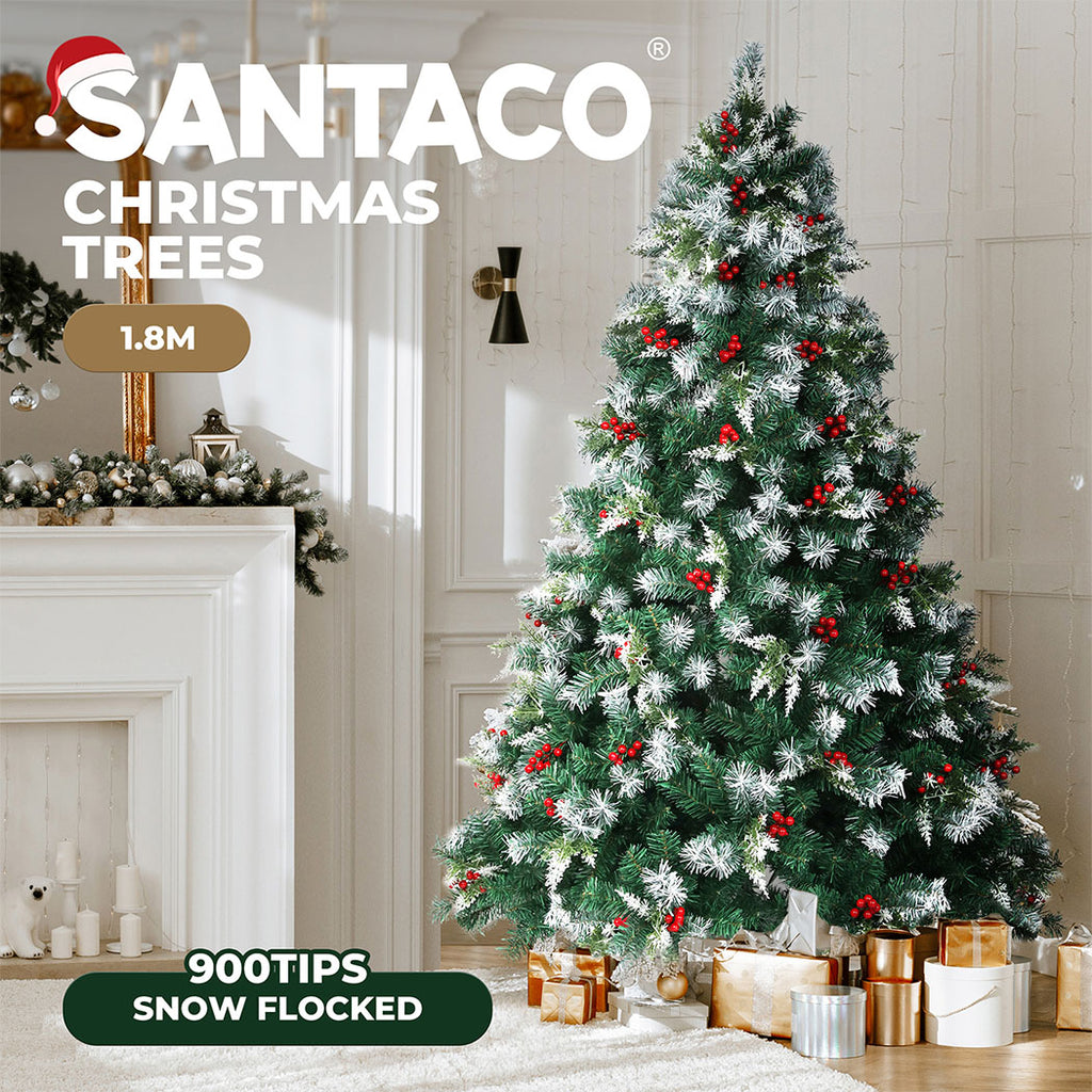 Santaco LED Christmas Tree Slim Snowy Fibre Optic Lights 1.5m 1.8m 2.1m 2.4m