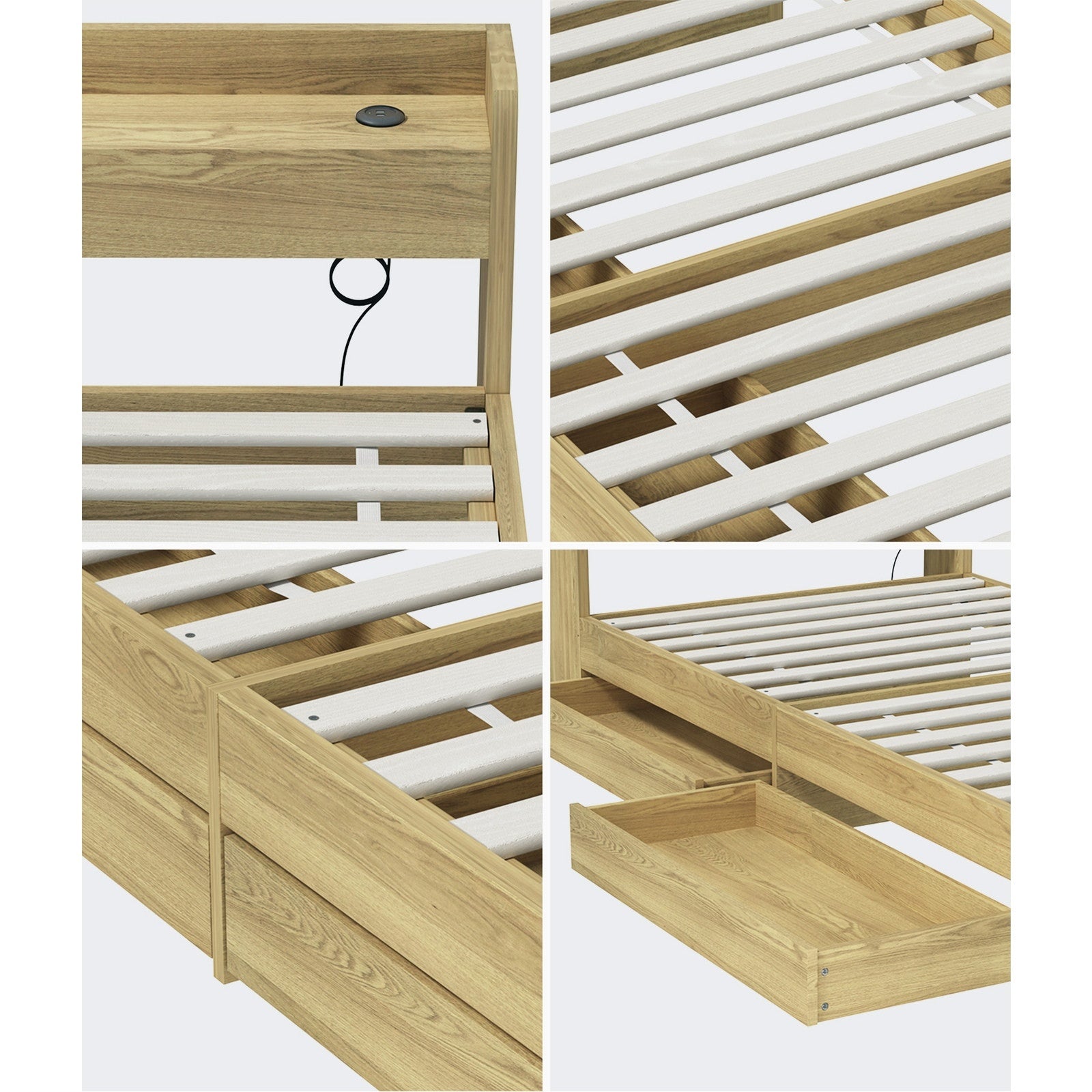 Oikiture Wooden Bed Frame Single Size with Charging Ports & 2 Drawers