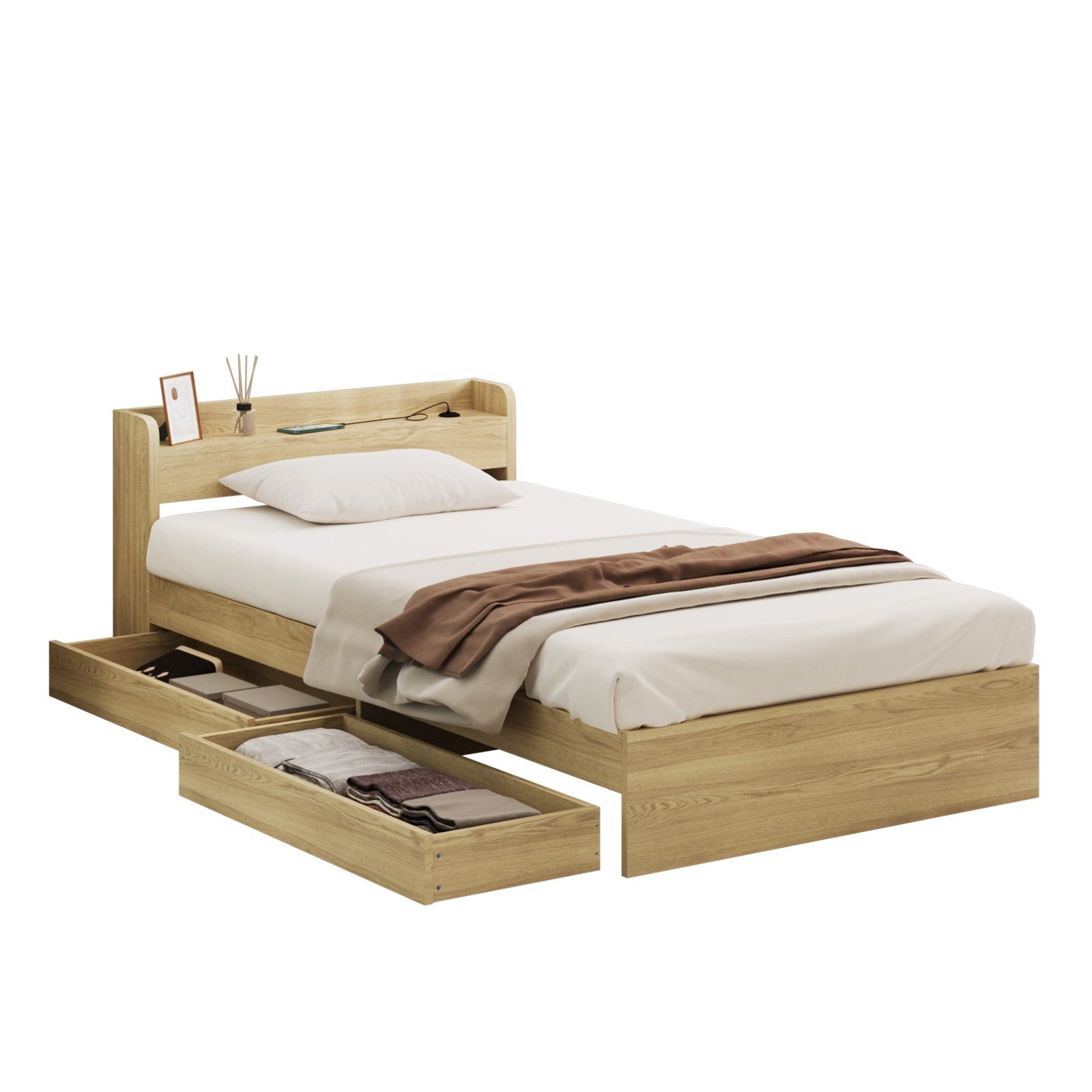 Oikiture Wooden Bed Frame Single Size with Charging Ports & 2 Drawers