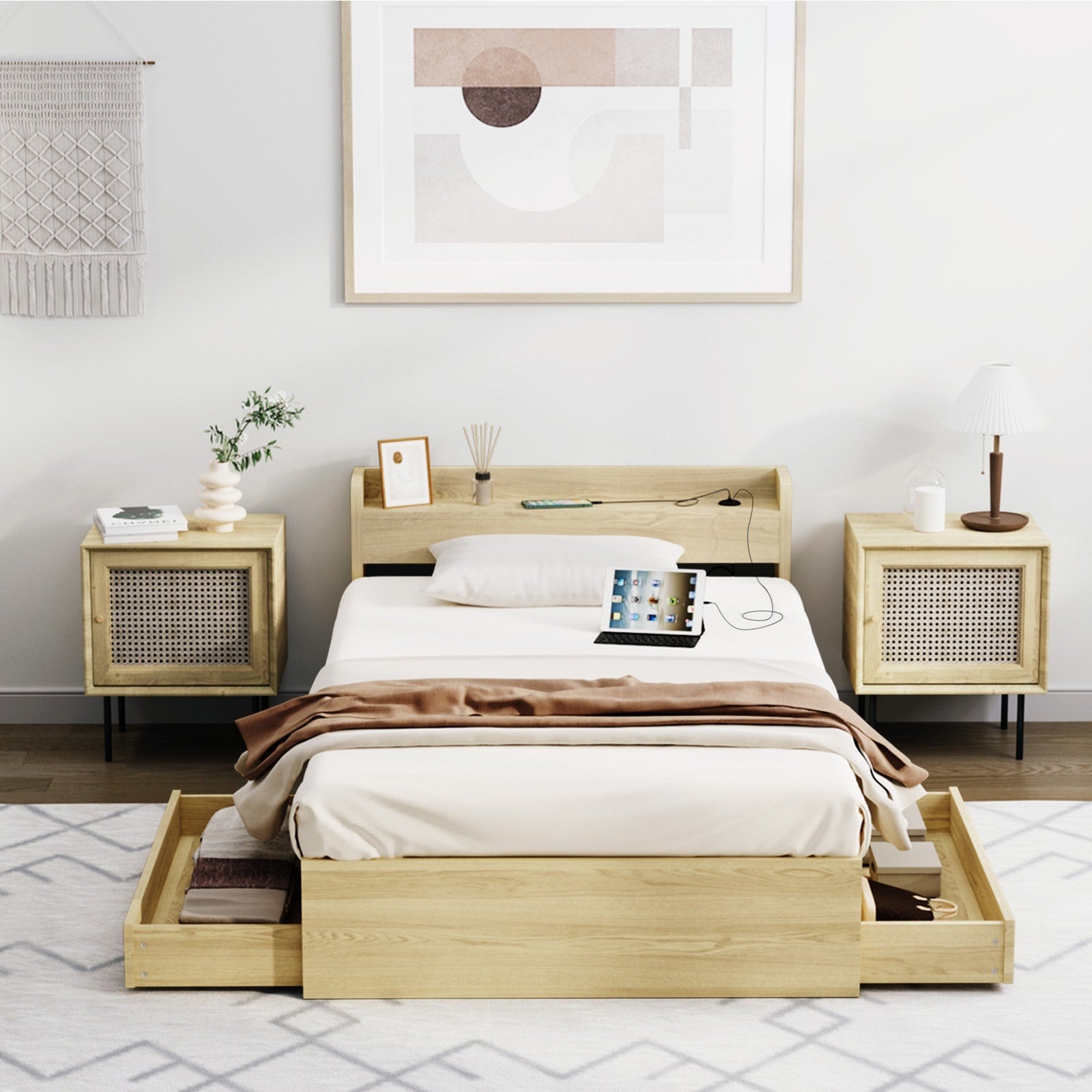 Oikiture Wooden Bed Frame Single Size with Charging Ports & 2 Drawers