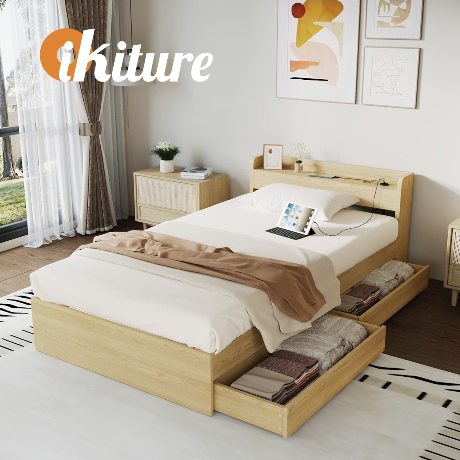 Oikiture Wooden Bed Frame Single Size with Charging Ports & 2 Drawers