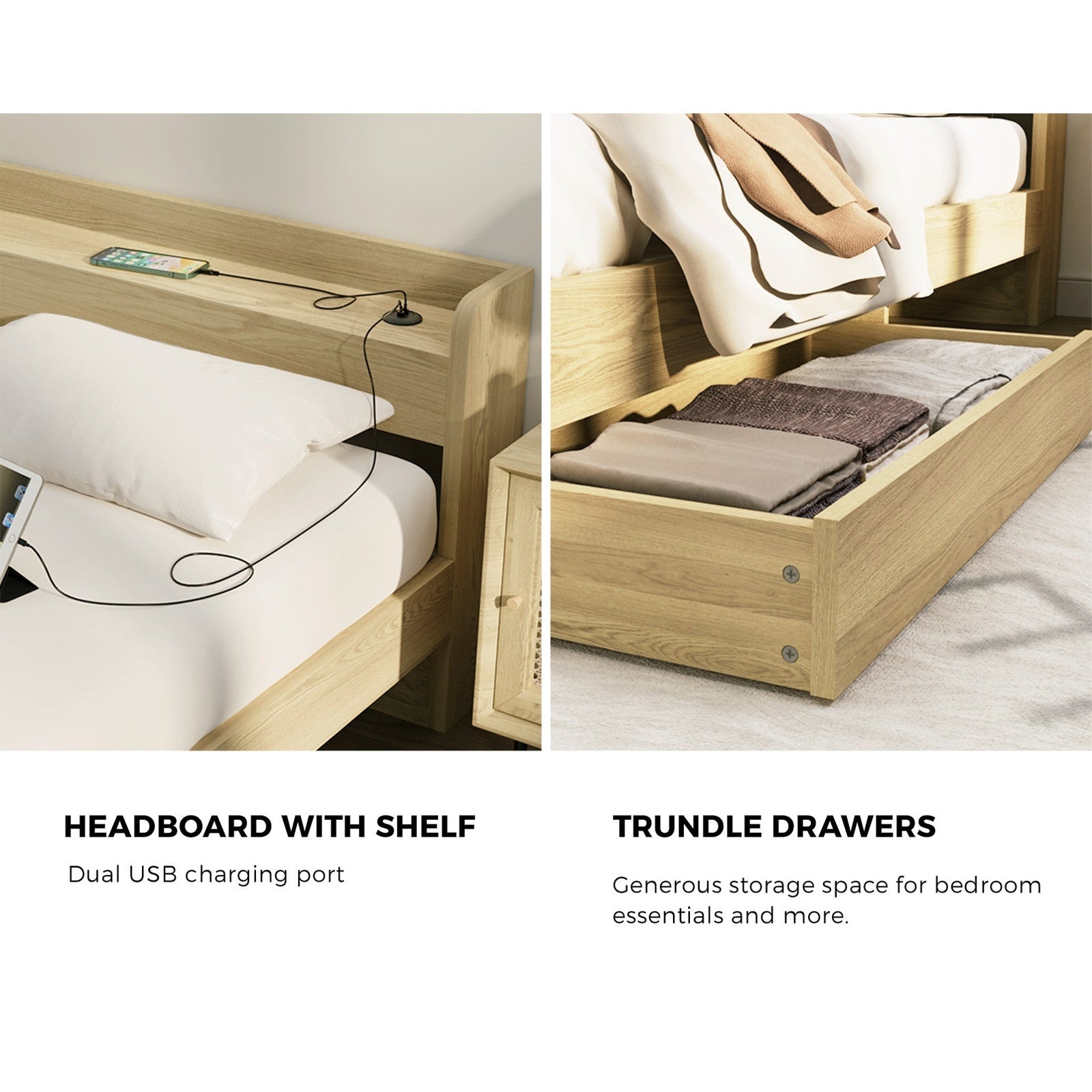 Oikiture Wooden Bed Frame Single Size with Charging Ports & 2 Drawers