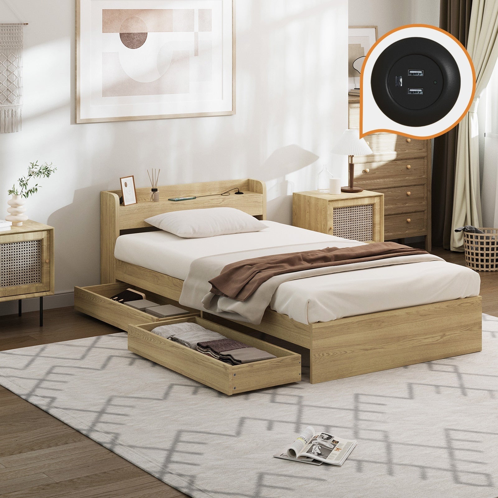 Oikiture Wooden Bed Frame Single Size with Charging Ports & 2 Drawers