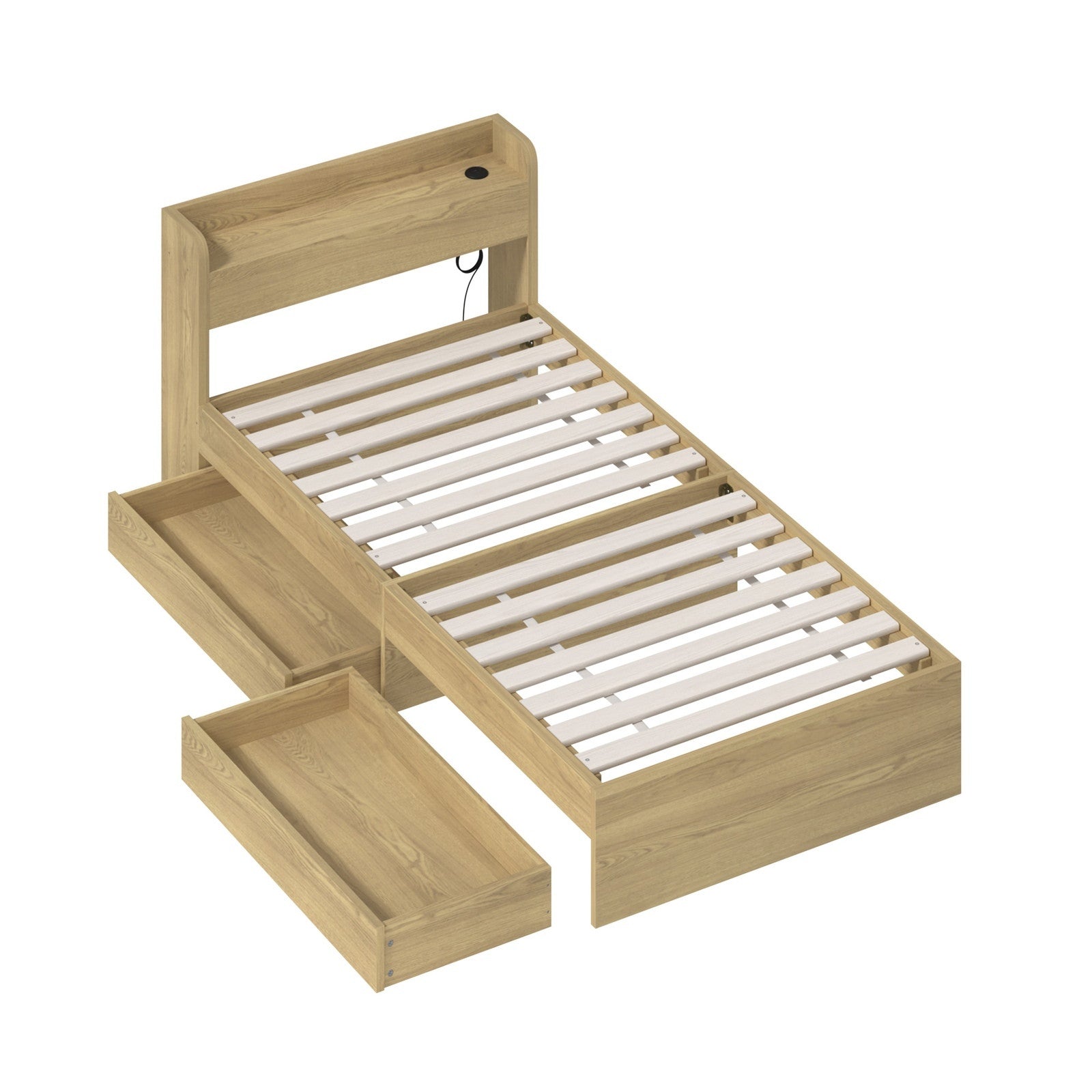 Oikiture Wooden Bed Frame Single Size with Charging Ports & 2 Drawers