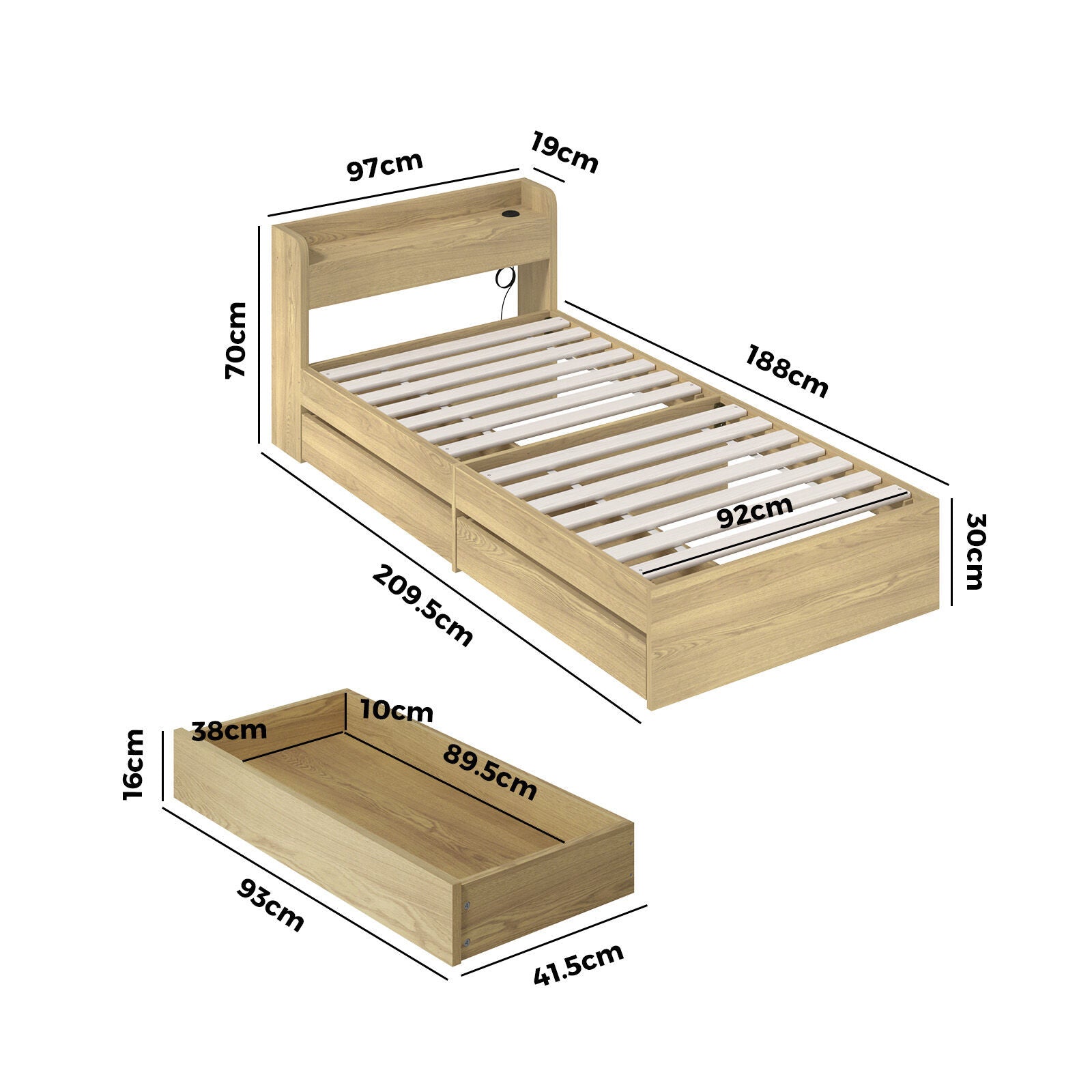 Oikiture Wooden Bed Frame Single Size with Charging Ports & 2 Drawers